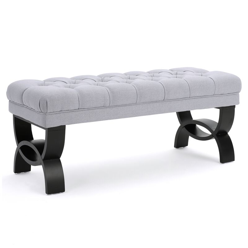 Riam Ottoman Bench, 41 Inch, Button Tufted, Rounded Birch Wood Legs - Benzara