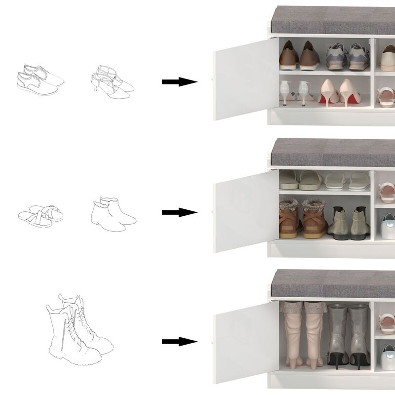 Shoe Storage Bench with 2 Door Cabinet, Entryway Bench with Shoe Storage, Shoe Bench with Cushion, Adjustable Shelves, Shoe Rack Bench for Entrance, Hallway, Bedroom, White+Gray