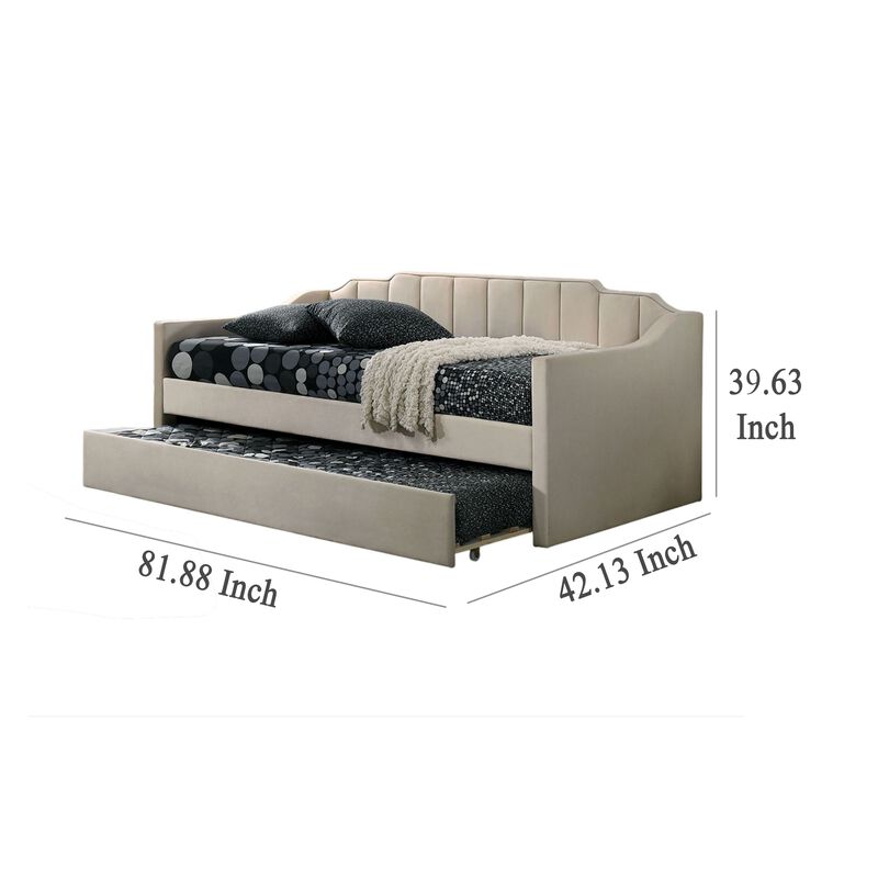 Oren Twin Daybed with Staircase Headboard, Beige Channel Tufted Fabric - Benzara