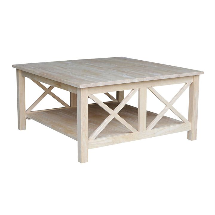 Hivvago Square Unfinished Solid Wood Coffee Table with Bottom Shelf