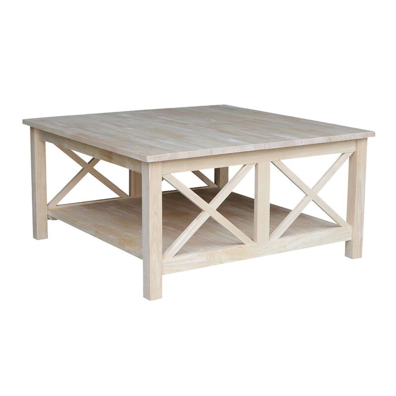 Hivvago Square Unfinished Solid Wood Coffee Table with Bottom Shelf