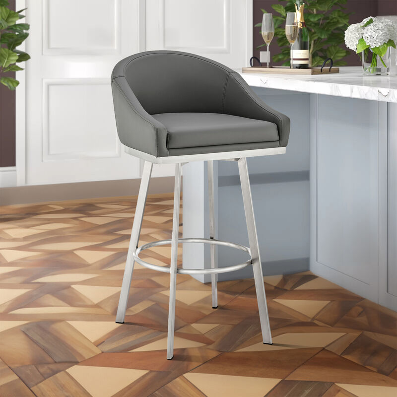 Sheryl 30 Inch Metal Swivel Bar Stool Chair, Low Back, Gray Faux Leather - Benzara