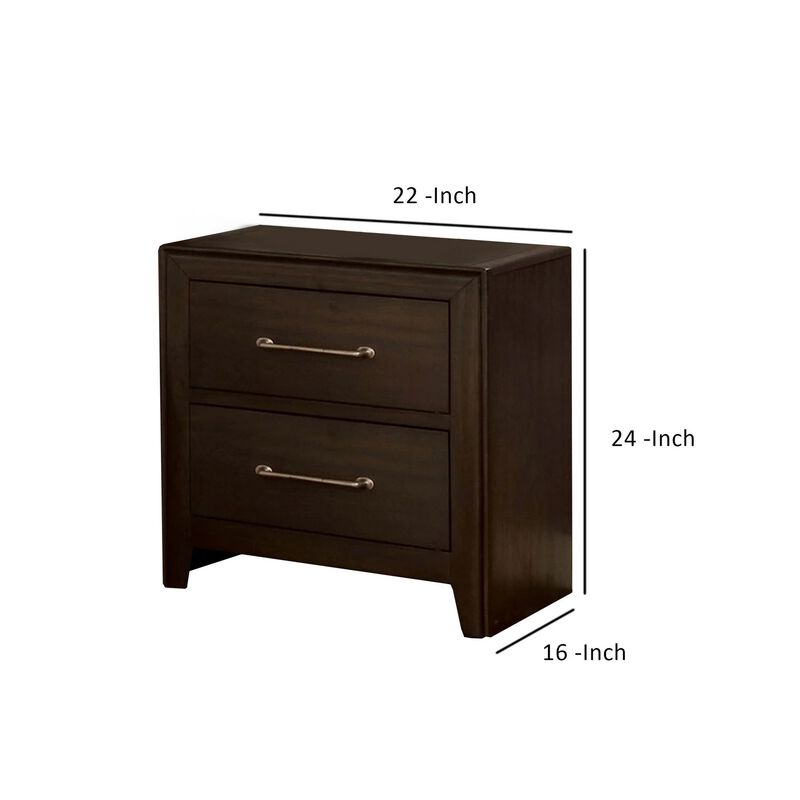 Nightstand with 2 Drawers and Metal Bar Pulls, Walnut Brown-Benzara