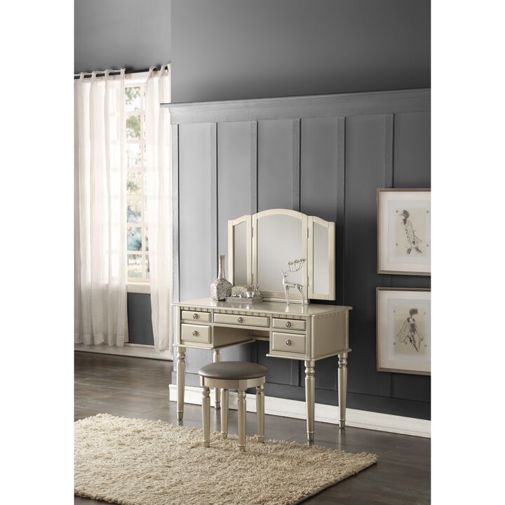 Bedroom Contemporary Vanity Set W Foldable Mirror Stool Drawers Silver Color