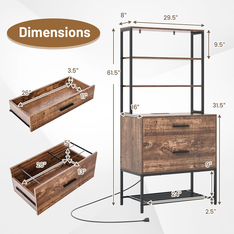 Freestanding File Cabinet with Charging Station and 3-Tier Open Shelves