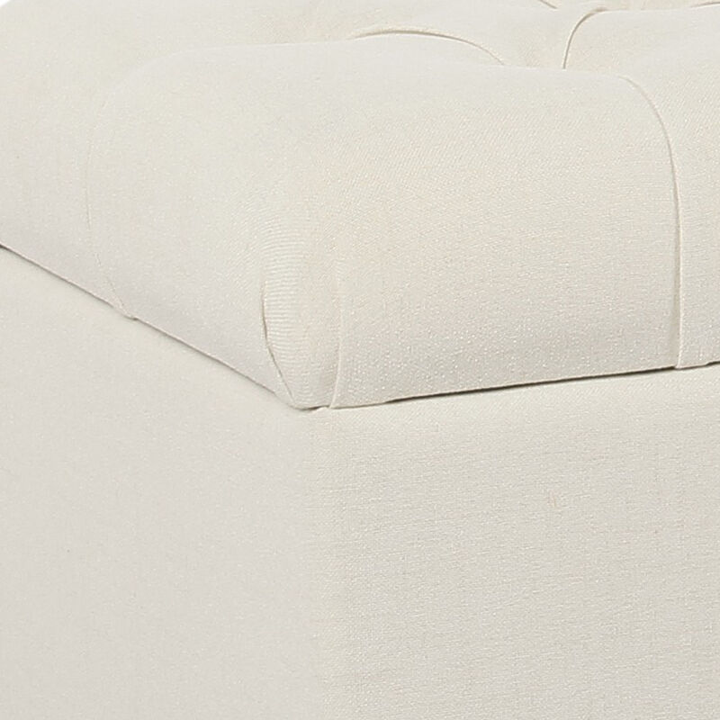 Fabric Upholstered Button Tufted Wooden Bench With Hinged Storage, White and Brown - Benzara