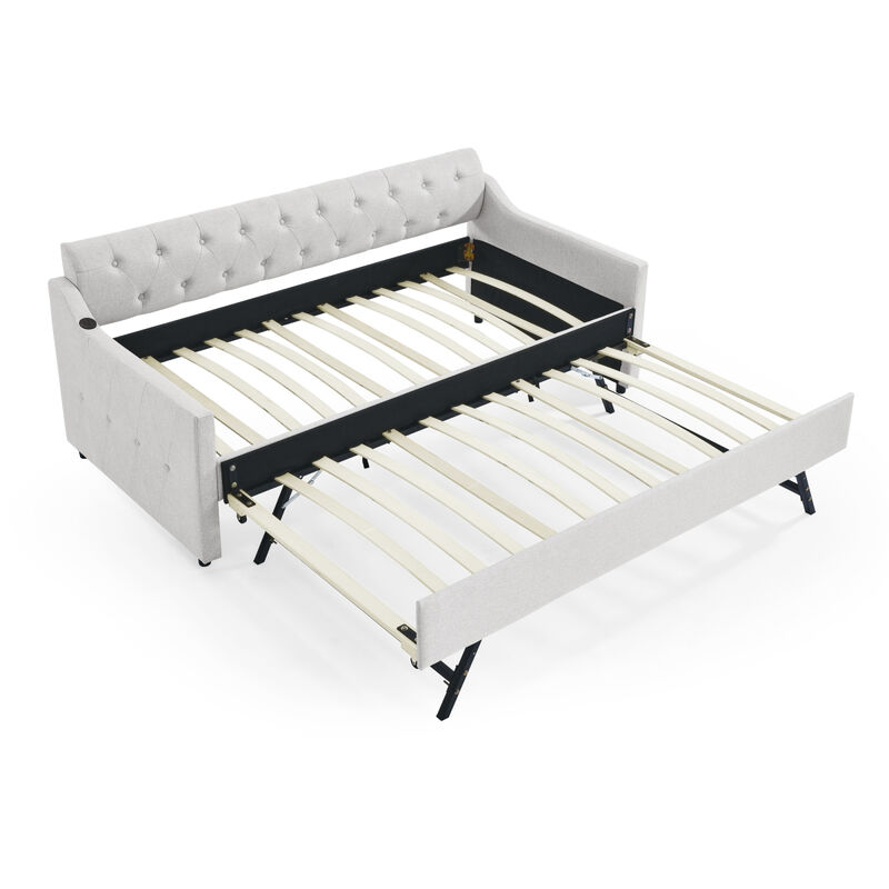 Twin Size Upholstery Day Bed With Twin Size Erectable Trundle And USB Charging Design, Linen Beige