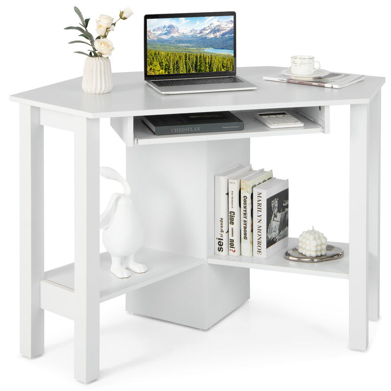 Costway Wooden Corner Desk With Drawer Computer PC Table Study Office Room White