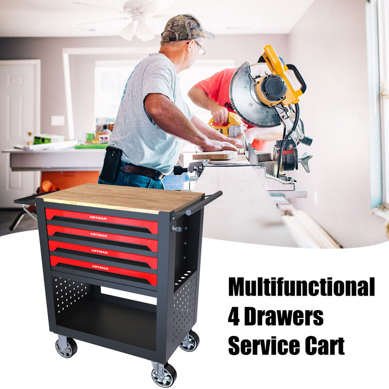 4 DRAWERS MULTIFUNCTIONAL TOOL CART WITH WHEELS AND WOODEN TOP-ORANGE