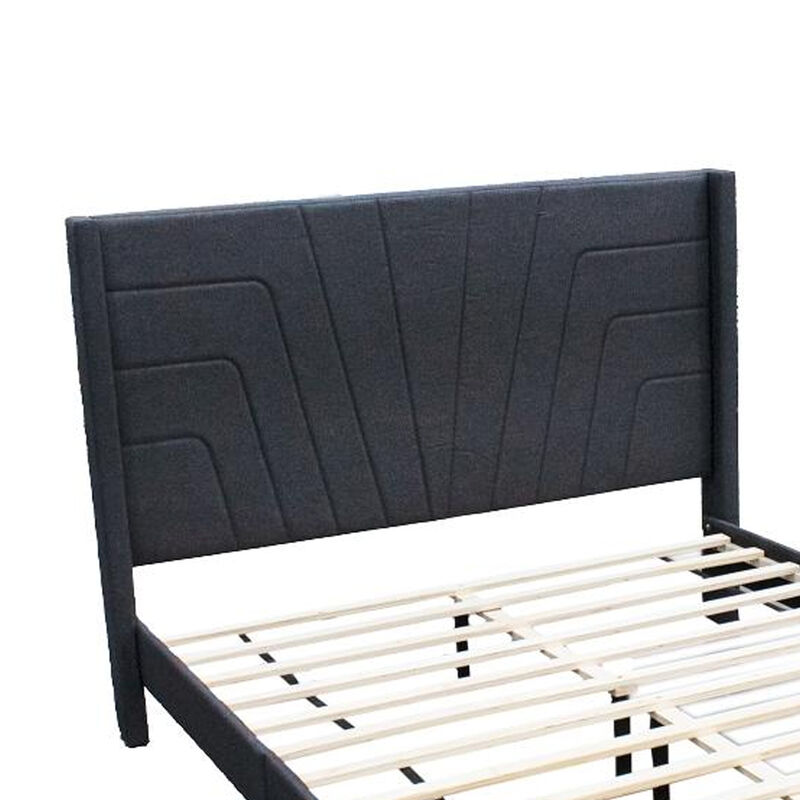 Nny Queen Size Bed with Tufted Headboard, Charcoal Burlap Upholstery, Wood - Benzara