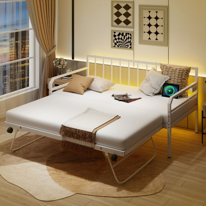 Adjustable Metal Twin Size Daybed with Charging Station and LED Light
