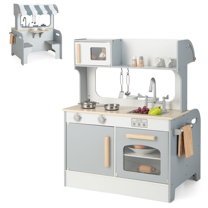 Double Sided Kids Pretend Kitchen Playset with 2-Seat Cafe-Grey