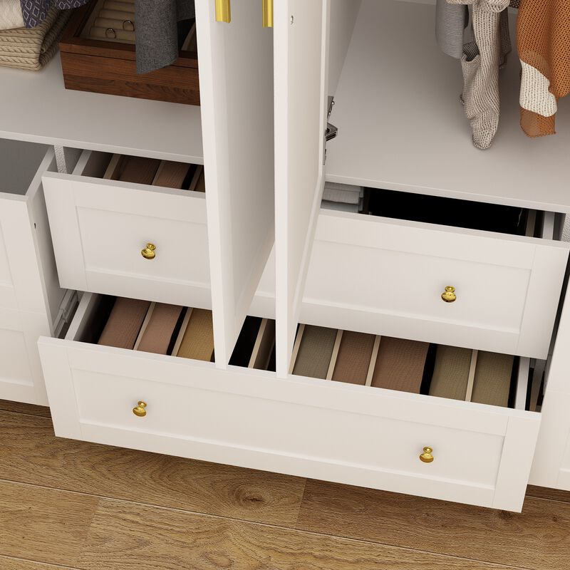 FUFU&GAGA Four-Door Wardrobe with Six Drawers and Adjustable Shelves (63" W x 19.7" D x 70.9" H),White