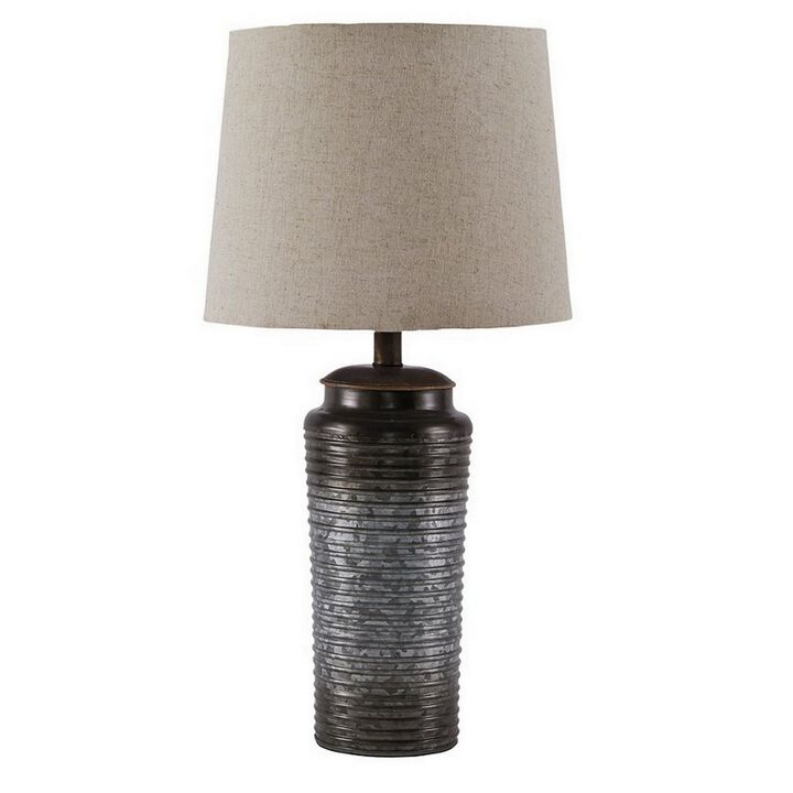 Ribbed Design Metal Body Table Lamp with Tapered Fabric Shade,Set of 2,Gray-Benzara