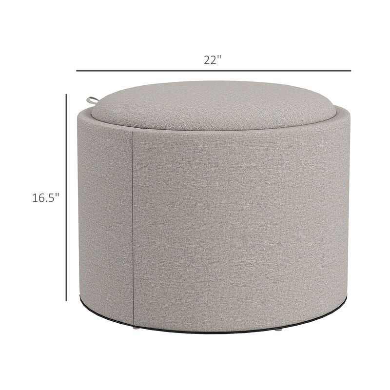Gray Linen Round Ottoman: Flip-Top Tray, Hidden Storage