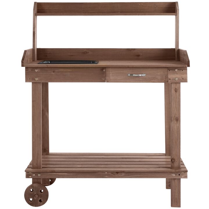 Brown Garden Helper: Wheeled Potting Bench with Sink and Drawer