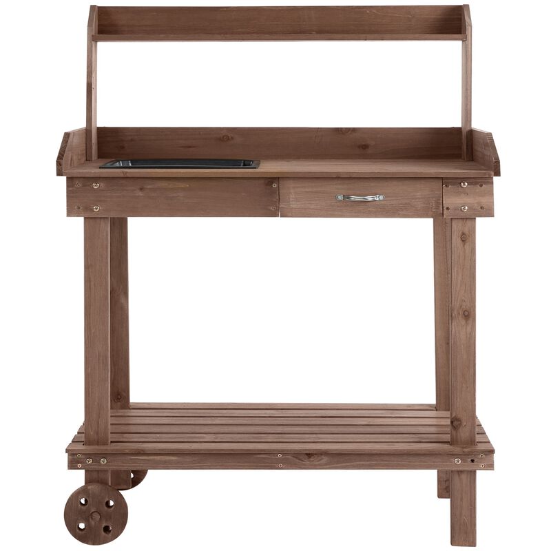 Brown Garden Helper: Wheeled Potting Bench with Sink and Drawer