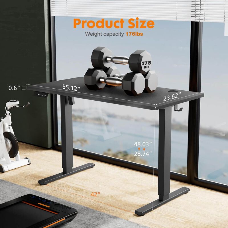 Electric Height Adjustable Standing Desk, Sit To Stand Ergonomic Computer Desk, Black, 55" X 24"