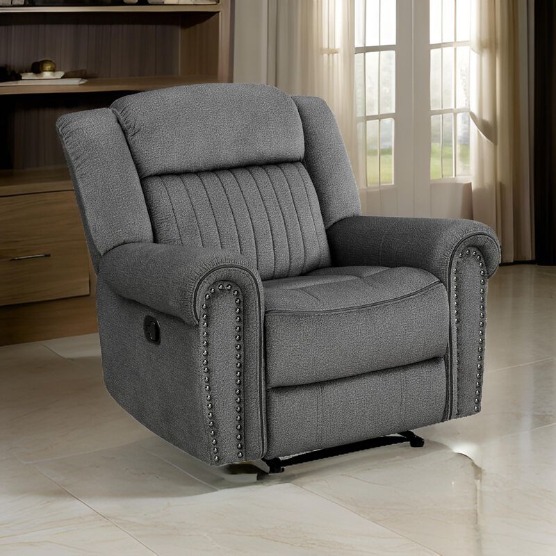 Ben 38 Inch Manual Recliner Chair, Gray Microfiber, Plush Foam, Solid Wood - Benzara