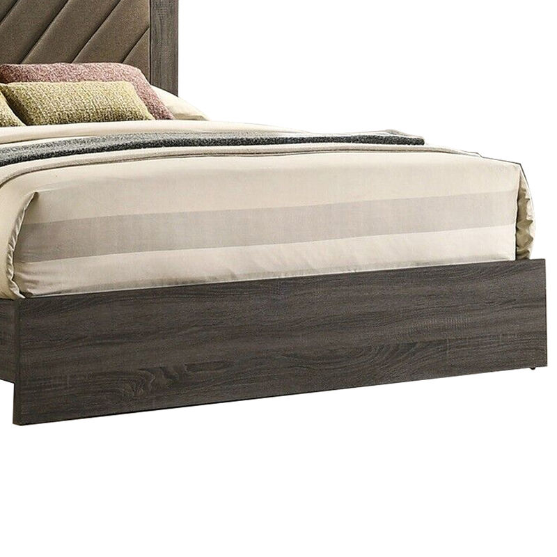 Cato Upholstered Queen Size Bed, Chevron Tufted Brown Headboard, Dark Gray  - Benzara