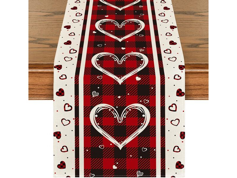 Artoid Mode Buffalo Plaid Love Hearts Valentine's Day Table Runner