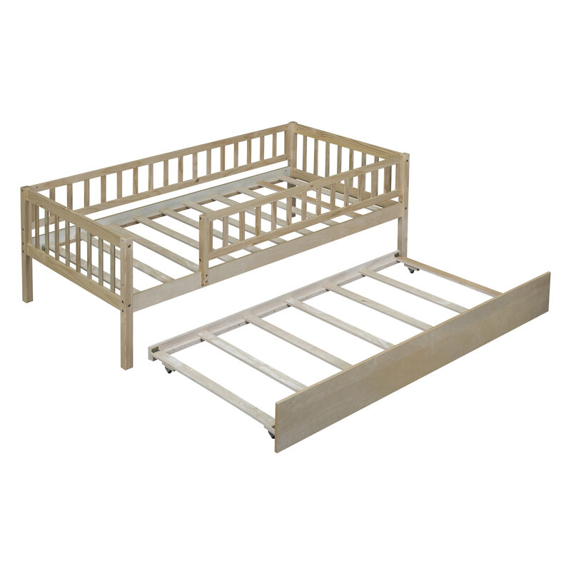 Twin Size Wood Daybed With Trundle And Fence Guardrails