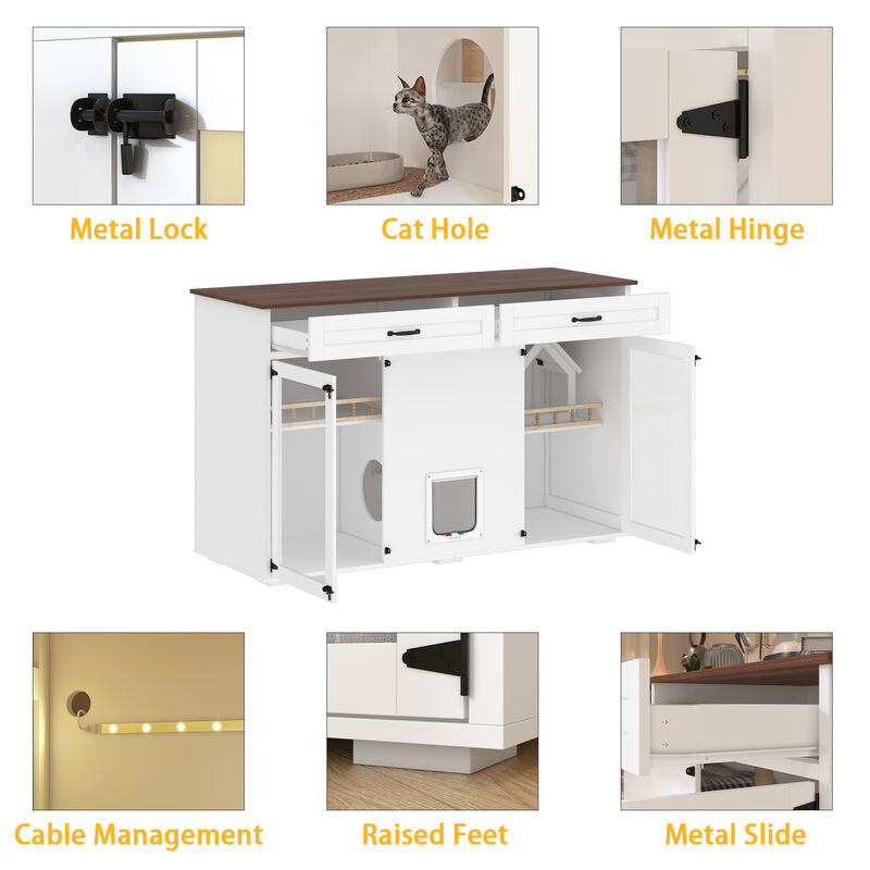FUFU&GAGA White Cat Cabinet with Metal Lock, Cat Hole, Metal Hinges, Cable Management, Raised Feet & Metal Slide, (63" x 23.6" x 39.4"),White