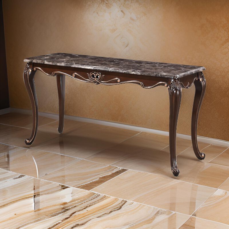 Cona 58 Inch Console Table, Carved Gold Accents, Cherry Brown, Gray, White - Benzara