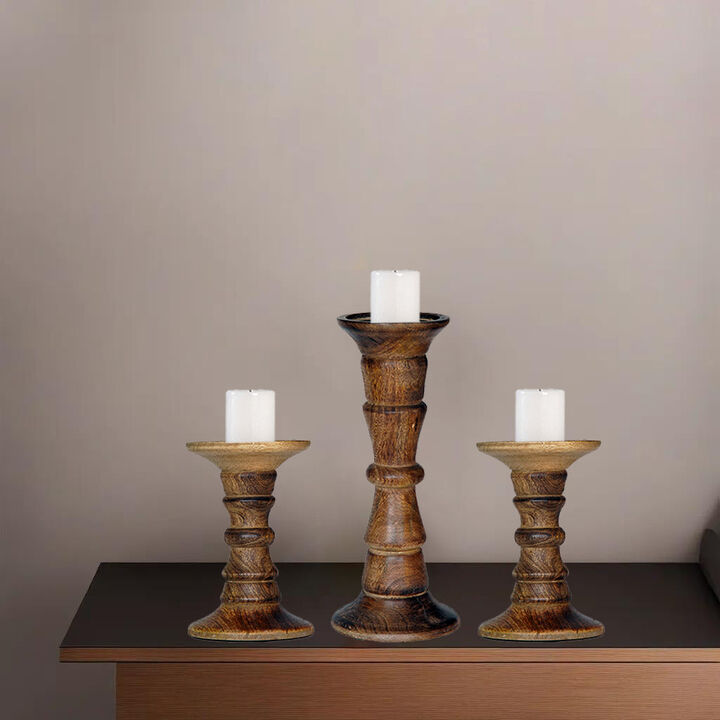 Traditional Medium Burnt Eco-friendly Handmade Mango Wood Set Of Five 6",9",12",9" & 6" Pillar Candle Holder BBH