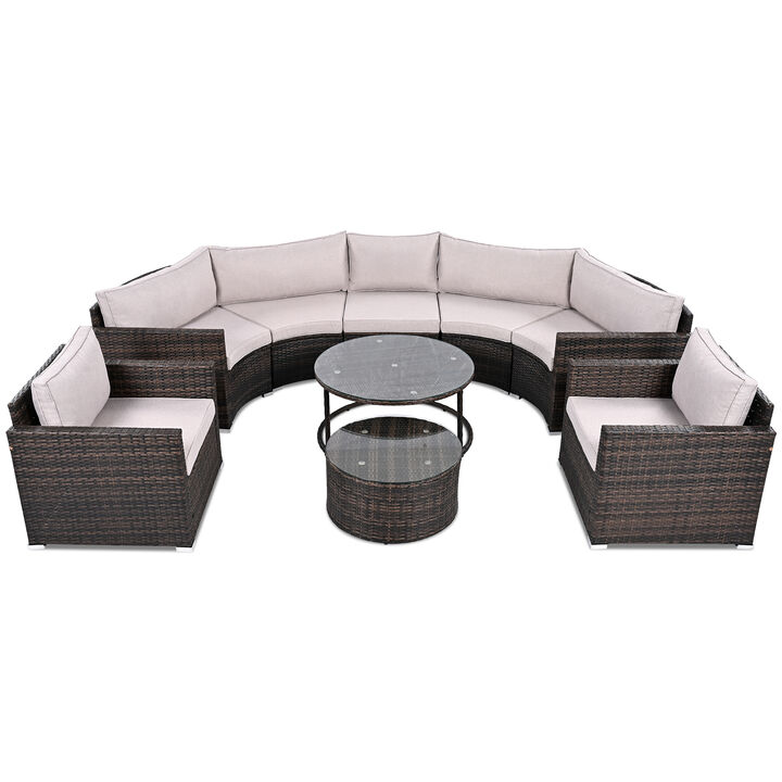 Whisen Modern Style Outdoor Half-moon Patio Sofa Set, 9-Pieces Round Sofa Set - Beige
