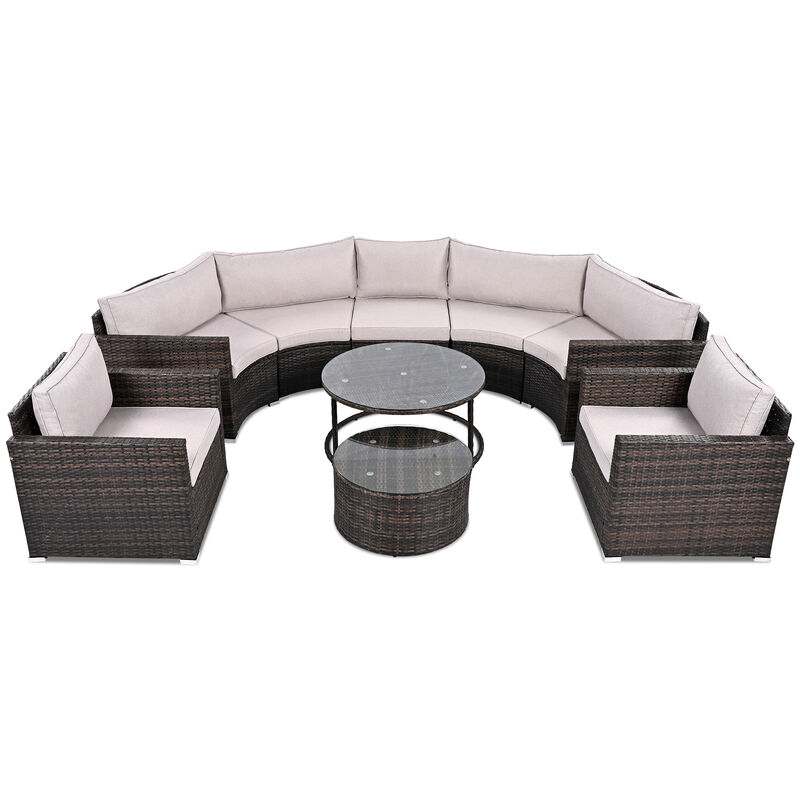 Whisen Modern Style Outdoor Half-moon Patio Sofa Set, 9-Pieces Round Sofa Set - Beige