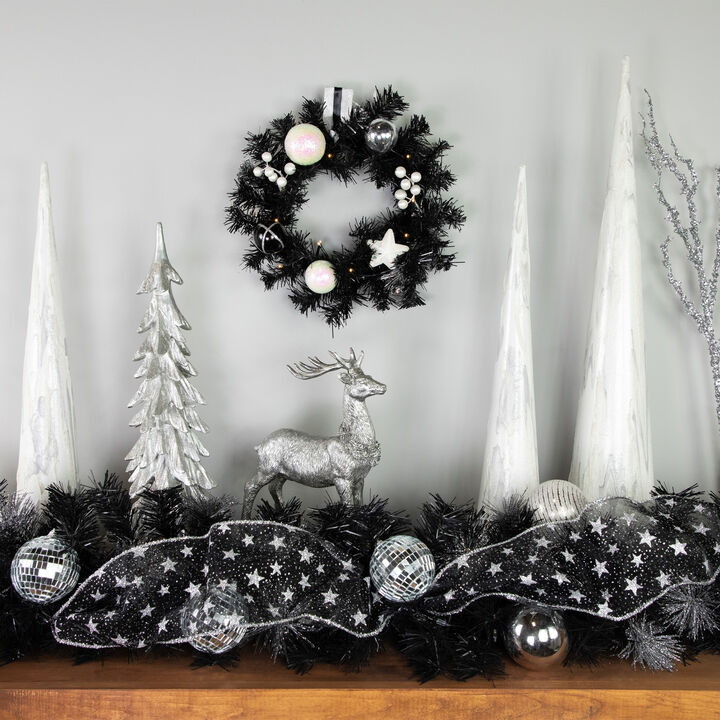 16" Pre-Lit Decorated Black Pine Artificial Christmas Wreath  Cool White LED Lights
