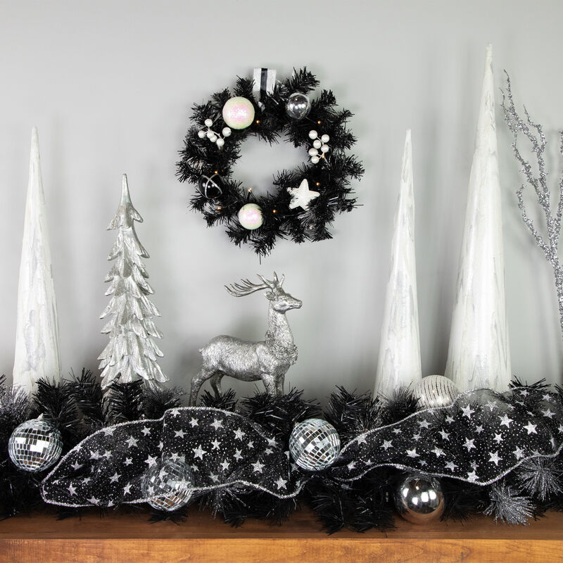 16" Pre-Lit Decorated Black Pine Artificial Christmas Wreath  Cool White LED Lights