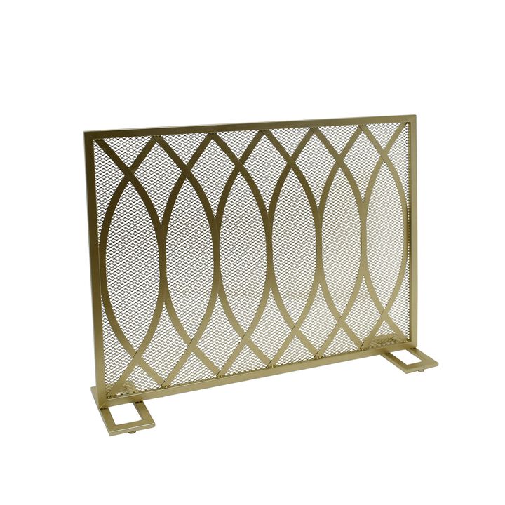 30x40 Fireplace Screen, Overlapping Round Lens Design, Gold Iron -Benzara