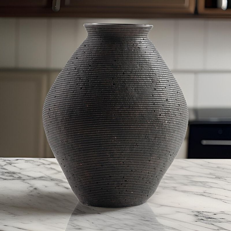 Dale 12 Inch Round Polyresin Vase, Wavy Ribbed Spiral Texture Antique Brown-Benzara