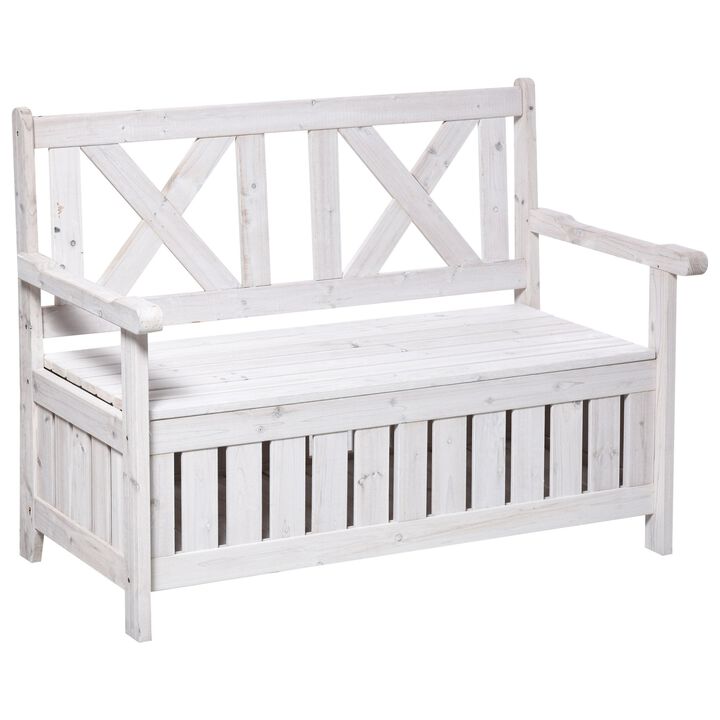 White Garden Storage: 2-Seater Outdoor Bench with Louvered Design