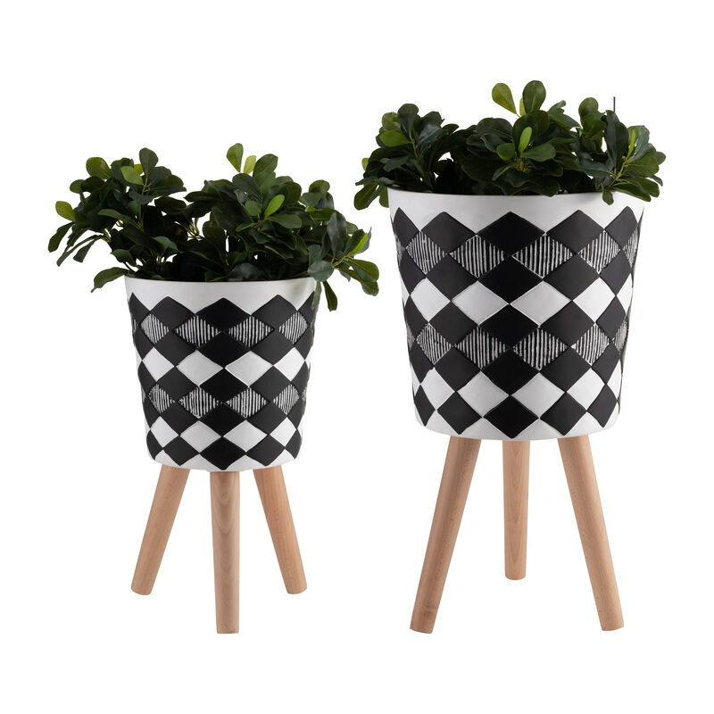 Diamond Planter with Wood Legs, Black