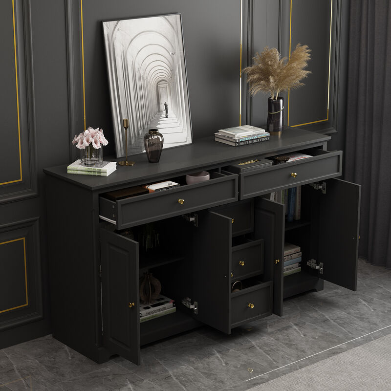 Black Wood 59.1 in. W Sideboard with 2-Large Drawers, 3-Small Drawers and 2-Cabinets 33.5 in. H x 15.7 in. D