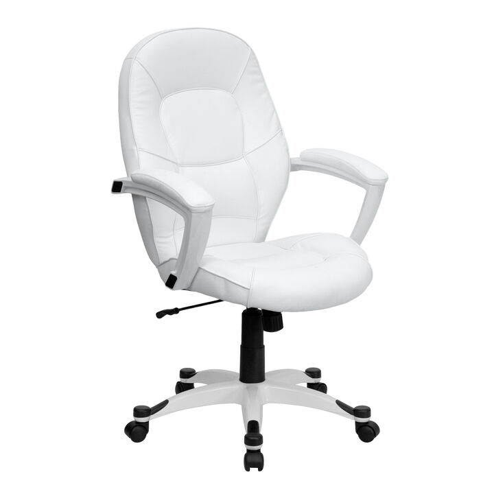 Quincey Mid-Back White LeatherSoft Tapered Back Executive Swivel Office Chair with White Base and Arms