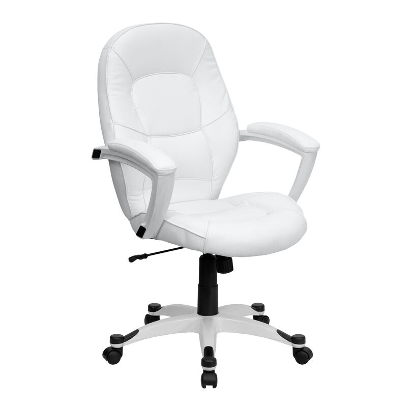 Quincey Mid-Back White LeatherSoft Tapered Back Executive Swivel Office Chair with White Base and Arms