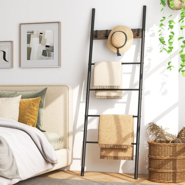 Hivvago Wall-Leaning Decorative Blanket Holder with 5 Removable Hooks