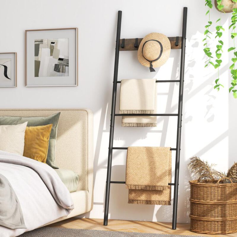 Hivvago Wall-Leaning Decorative Blanket Holder with 5 Removable Hooks