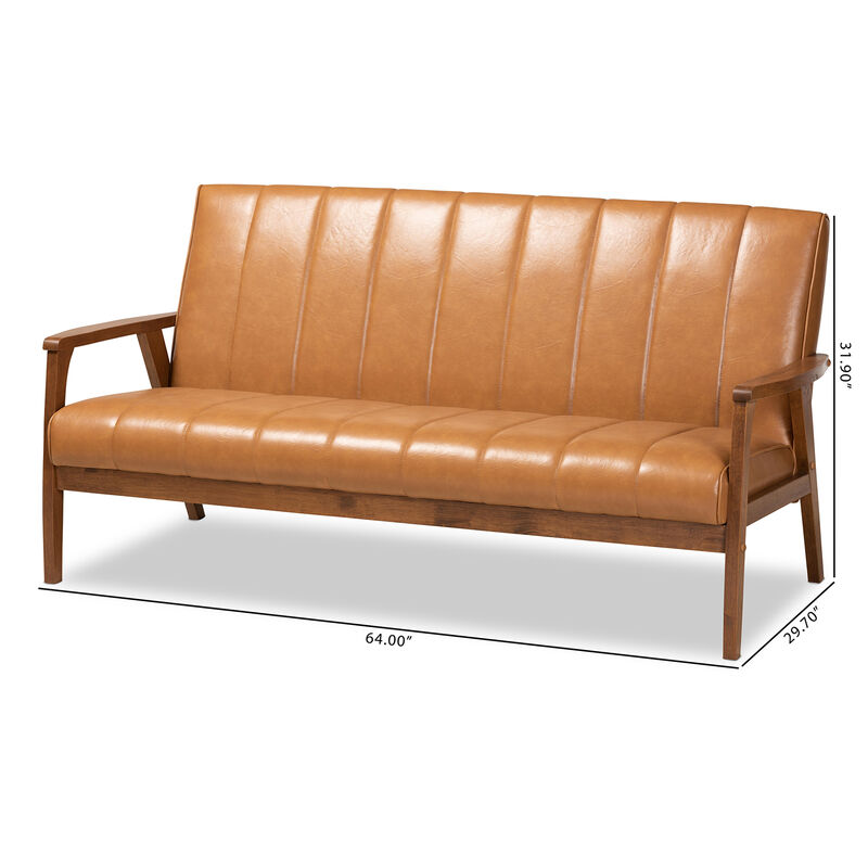 Baxton Studio Nikko Mid Century Tan Faux Leather Upholstered Wood Sofa