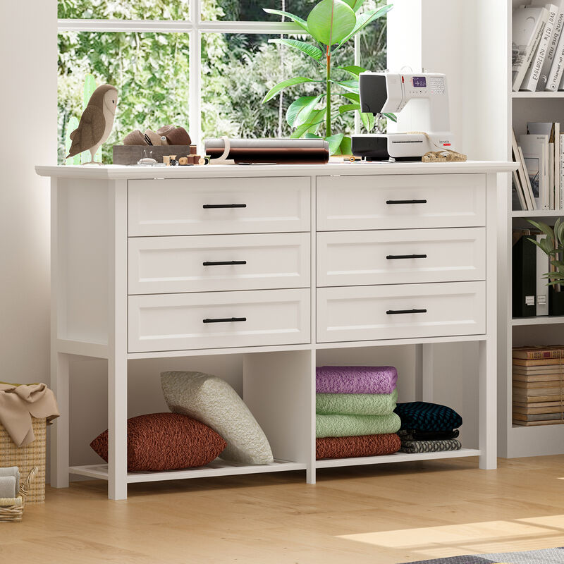 FUFU&GAGA 6-Drawer Storage Cabinet with Open Bamboo Shelf and Elegant Finish (55" W x 35.4" H x 15.7" D),White