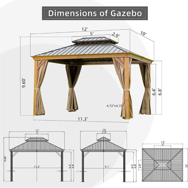 10'X12' Wood-Look Gazebo with Steel Roof & Curtains