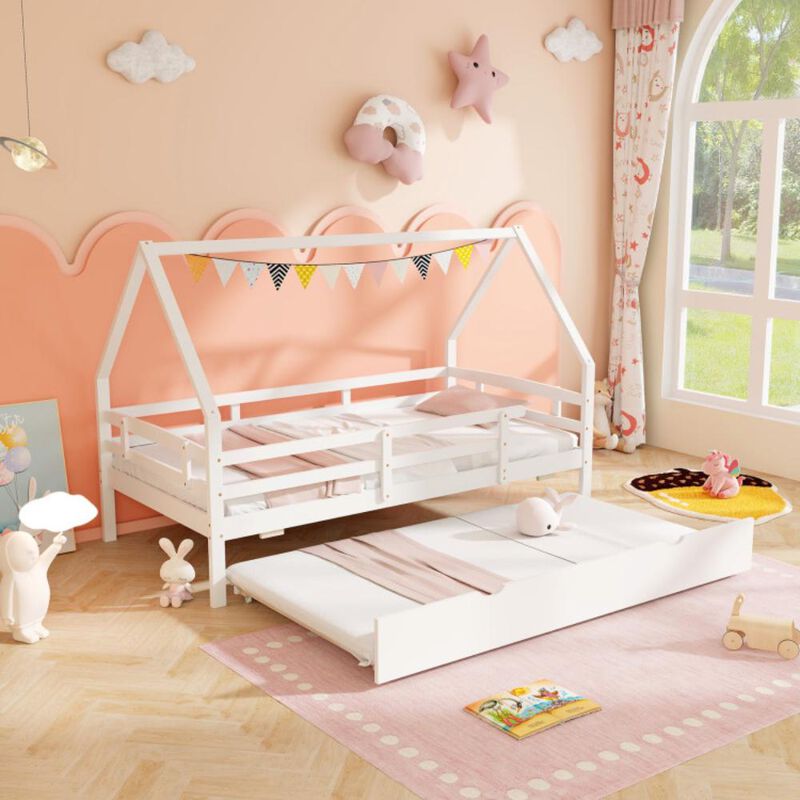 Hivvago Twin House Bed with Trundle and Fence Rail