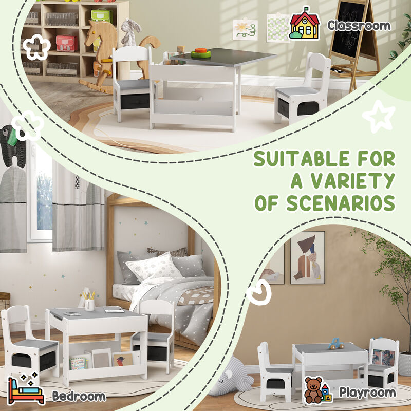 Qaba 3 Piece Kids Table and Chair Set, 3 in 1 Toddler Wooden Activity Table with Reversible Tabletop Blackboard, Storage & Bookshelves for Playroom, Nursery, Natural