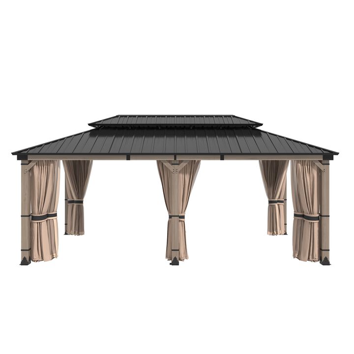 Mondawe Beverly Hills 12 ft. x 20 ft. Outdoor Fir Solid Wood Frame Patio Gazebo Canopy Shelter Galvanized Steel Hardtop with Netting And Curtain