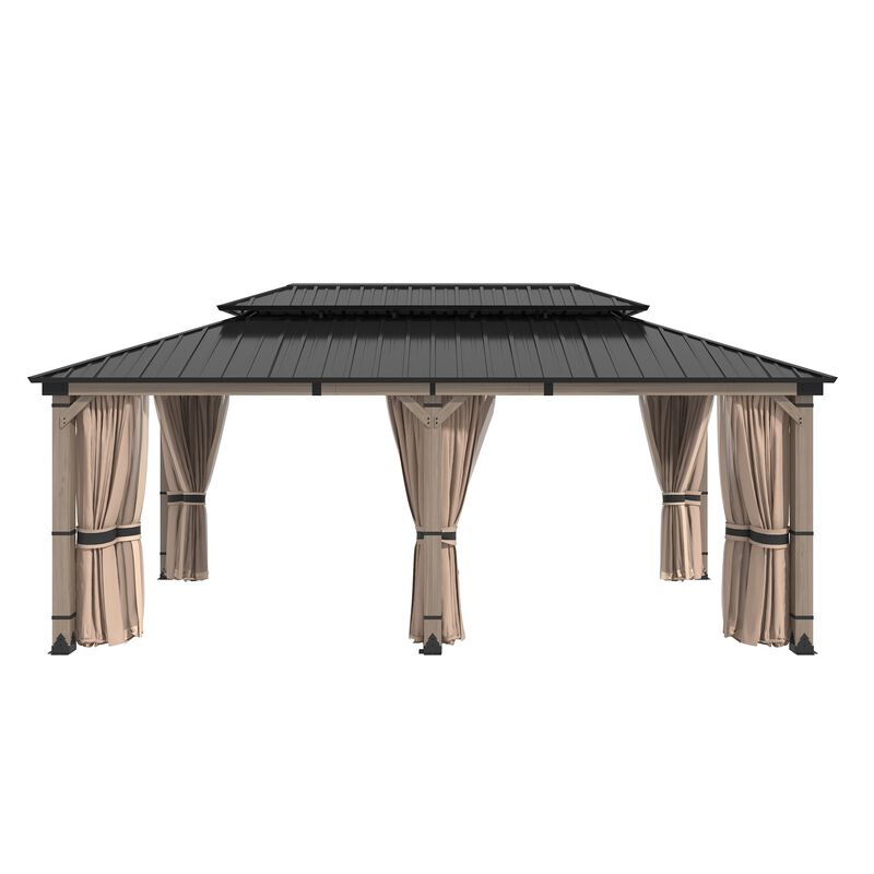 Mondawe Beverly Hills 12 ft. x 20 ft. Outdoor Fir Solid Wood Frame Patio Gazebo Canopy Shelter Galvanized Steel Hardtop with Netting And Curtain