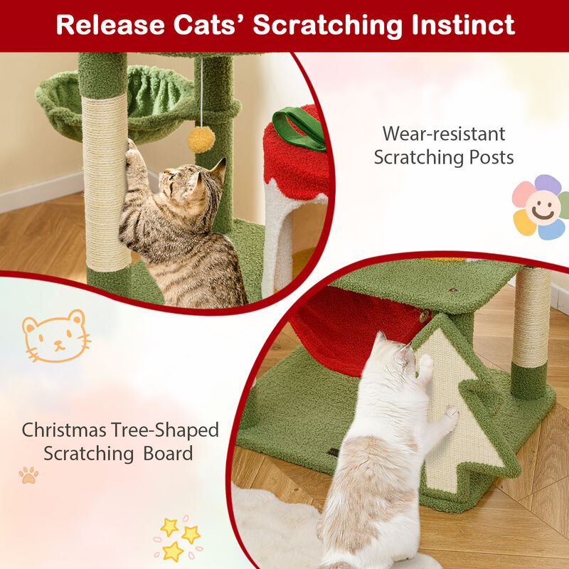 Cute Christmas Cat Tree with Sisal Scratching Posts and Gift Box Shaped Condo